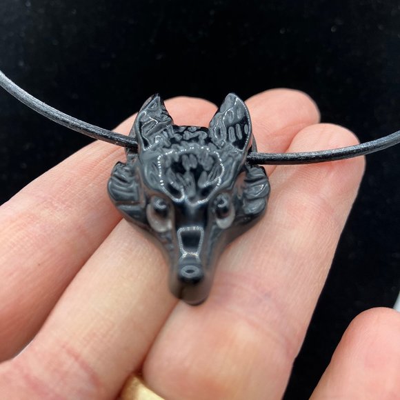 NEW Wolf Black Obsidian Gemstone hand carved Wolf Head Choker Genuine Leather - Picture 8 of 12